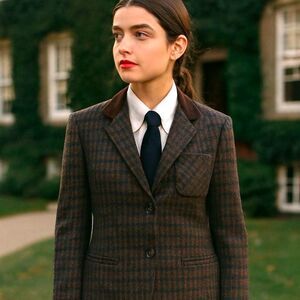 BMoss Heritage Plaid Wool Blazer Womens Sz M Suede Collar Equestrian Ivy League